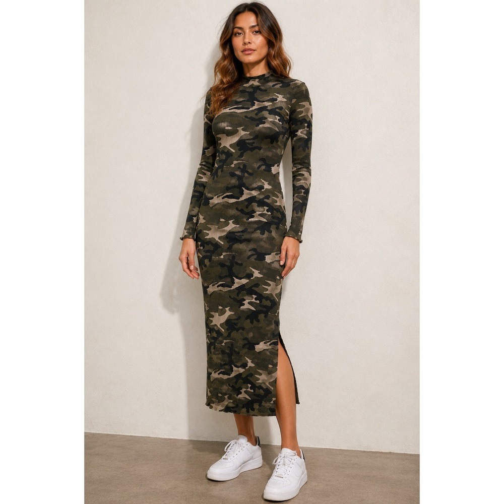 t.la 100% Cotton Camo Bodycon Midi Dress Women's Small Mock Neck Long Sleeve USA